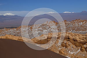 Valle de la Luna - Valley of the Moon and snow-covered volcanoes, Atacama Desert, Chile