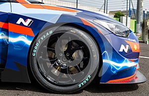 Good Year Eagle tire on Hyundai Electric racing car detail in circuit