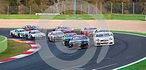 Nascar cars formation lap aligned for rolling race start