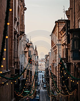 Valleta Malta Street Looking Down Lights Alley Buildings Walls Travel Location