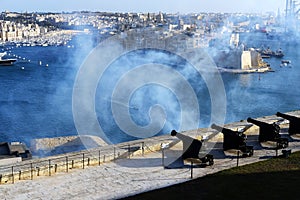 Valletta, Malta 02/05/2020 firing a cannon from the Saluting Battery