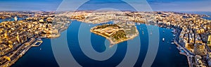 Valletta, Malta - Aerial panoramic skyline view of Valletta, Sliema, Manoel Island, Gzira, Ta` Xbiex