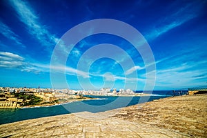 Valletta, Malta: aerial view from city walls. Marsamxett harbor and Sliema