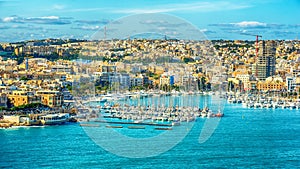 Valletta, Malta: aerial view from city walls. Marsamxett harbor and Sliema