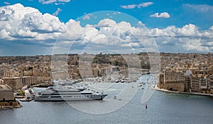 Valletta, Malta. Grand harbour, luxury yachts marina view from Upper Barrakka Gardens