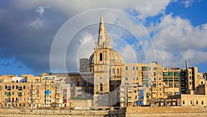 Valletta, Malta, Skyline in the afternoon with the dome of the Carmelite Church and the tower of St Paul`s