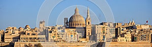 Valletta, Malta, Skyline in the afternoon with the dome of the Carmelite Church and the tower of St Paul`s