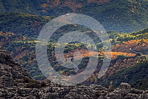 Valley of autumnal mountains and rocks