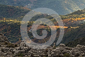 Valley of autumnal mountains and rocks