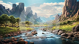 The Valley Beyond, A breathtaking landscape of Westworld's fabled Valley Beyond, featuring towering mountains, Generative AI