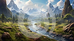 The Valley Beyond, featuring towering mountains, A breathtaking landscape of Westworld's fabled Valley Beyond, Generative AI