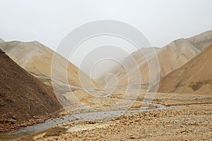 Valley among deserted hills during the sand storm, Iceland