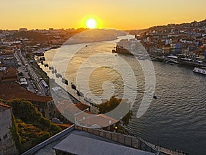 Valley of the Douro River. Panorama of the famous Portuguese city. Viticulture in the Portuguese villages at sunrise. Urban