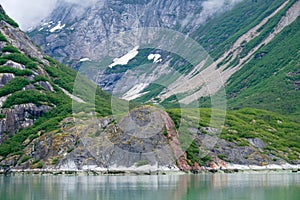 Valley in Endicott Arm with lowering fog and clear tide line