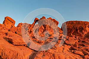 Valley of Fire - Panoramic sunrise view of the elephant rock surrounded by red and orange Aztec Sandstone Rock formations, Nevada