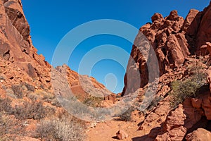 Valley of Fire - Panoramic view of red Aztek sandstone rock formations in Petroglyph Canyon along Mouse Tank hiking trail, Nevada