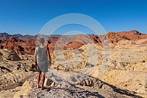 Valley of Fire - Rear view of man at Silica Dome viewpoint overlooking the Valley of Fire State Park in Mojave desert, Nevada, USA