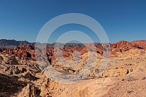 Valley of Fire - Scenic view of from Silica Dome viewpoint overlooking the Valley of Fire State Park in Mojave desert, Nevada, USA