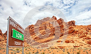 Valley of fire state park, Nevada USA. Information sign text Heat danger low today