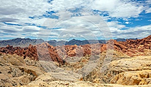 Valley of fire state park, Nevada USA. Red sandstone formations, blue sky with clouds