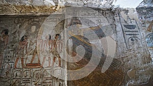 Valley of the kings Luxor Egypt Tomb of Tausert and Setnakht heiroglyphic painting with pastel color beautiful yellow and blue