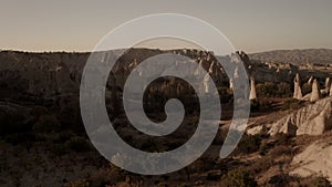 Valley of Love in Cappadocia. Flying drone between the rocks