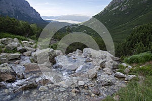 Mengusovska dolina, Hincov potok, amazing stony hiking trail to hight mount Rysy over mountain stream, High Tatra mountains