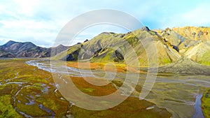 Valley National Park Landmannalaugar. Aerial view of the gentle slopes of the mountains. Magnificent Iceland in the autumn