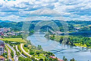 Valley of river Mondego and Ponte Rainha Santa Isabel bridge at Coimbra, Portugal