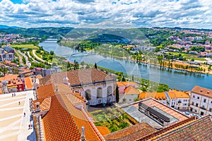 Valley of river Mondego and Ponte Rainha Santa Isabel bridge at Coimbra, Portugal