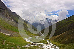 Valley with river and mountain backdrop. Himachal Pradesh