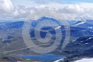 The Valley of Sjoa river and Steinbuvatnet lake as seen from Glittertind mountain. Lom, Norway