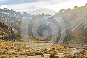 Valley and snowy mountains landscape, tierra del fuego, argentina