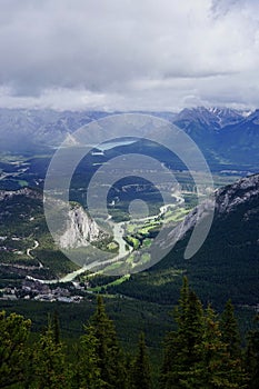 a valley surrounded by tall trees, with snow capped mountains in the background