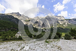 Valley of Theth with some old houses in the dinaric alps in Albania