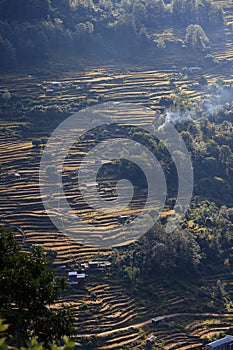 the valley and village of Birethanti in Nepal, view of Poonhill circle trekking