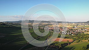 Valley with vineyards. Vineyards plantations on slopes during golden sunset. Flying over green grape fields in evening sunlights.