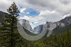 Valley in Yosemeti National Park with a cloudy sky photo