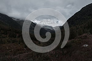 Valley of Ziarska Dolina with mountains on a cloudy day in High Tatras, Slovakia