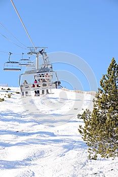 VallNord, the ski lift chair El Cubil and the slope Cubil, the Principality of Andorra, the eastern Pyrenees, Europe. photo