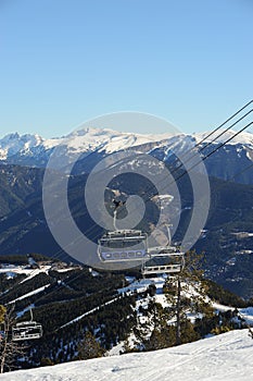 VallNord, the ski lift chair El Cubil and the slope Cubil, the Principality of Andorra, the eastern Pyrenees, Europe. photo