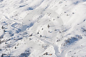 Valmeinier mountains in winter skiing area in the French Alps Savoie