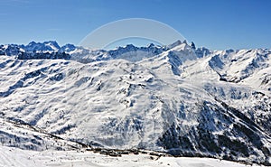 Valmeinier mountains in winter skiing area in the French Alps Savoie