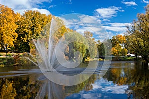 Valmiera. Latvia. City autumn landscape with a pond and fountain