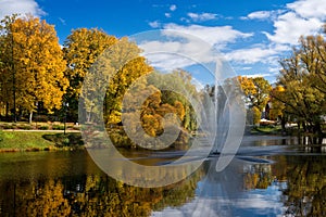 Valmiera. Latvia. City autumn landscape with a pond and fountain