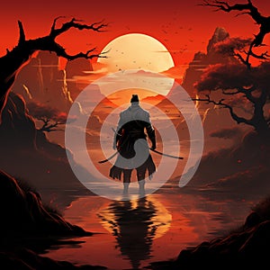 Valor illuminated, samurais stance against sunset epitomizes courage and warrior spirit