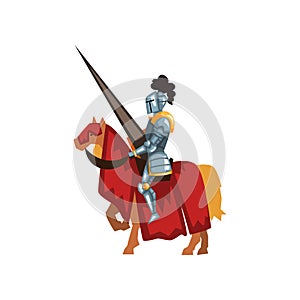 Valorous knight riding horse with lance in hand. Royal guardian in shiny armor. Medieval sports tournament. Flat vector