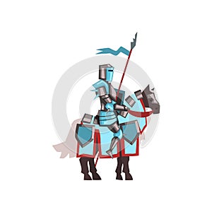 Valorous royal knight riding horse with shield and flag. Medieval warrior in shiny armor. Flat vector design for mobile