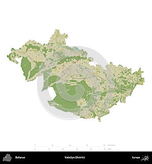 Valozyn District, Belarus, isolated on white. Topographic Humanitarian