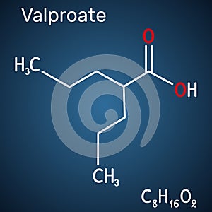 Valproate, VPA, valproic acid molecule. It is anticonvulsant and antiepileptic drug. Structural chemical formula on the dark blue photo